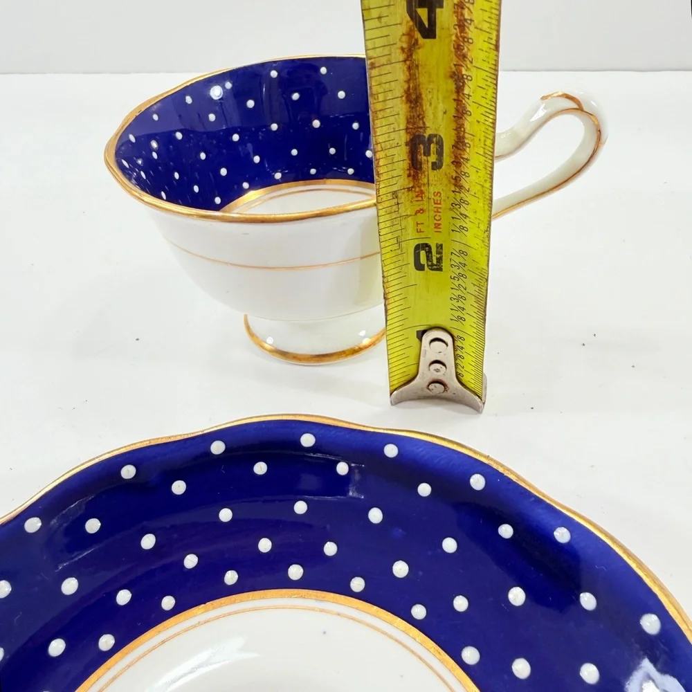 RARE 1930s ROYAL ALBERT TEACUP CUP & SAUCER, COBALT BLUE POLKA JEWELED WHITE DOT
